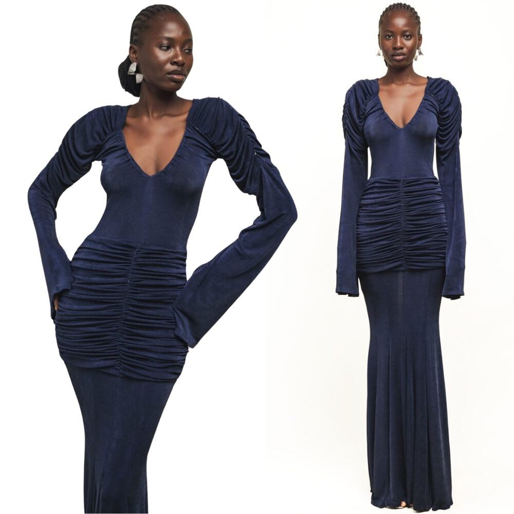 NEW ORIRE Dress Maya Blue‎ Ruched Long Sleeve Draped Maxi Gown Size 0